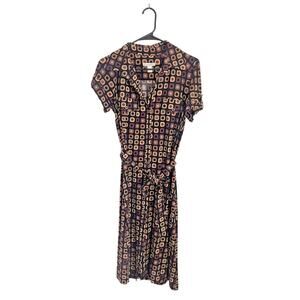 Retro Geometric Print Midi Dress Sz 12 Belted Stretch Shirt Dress Mod Y2K Office